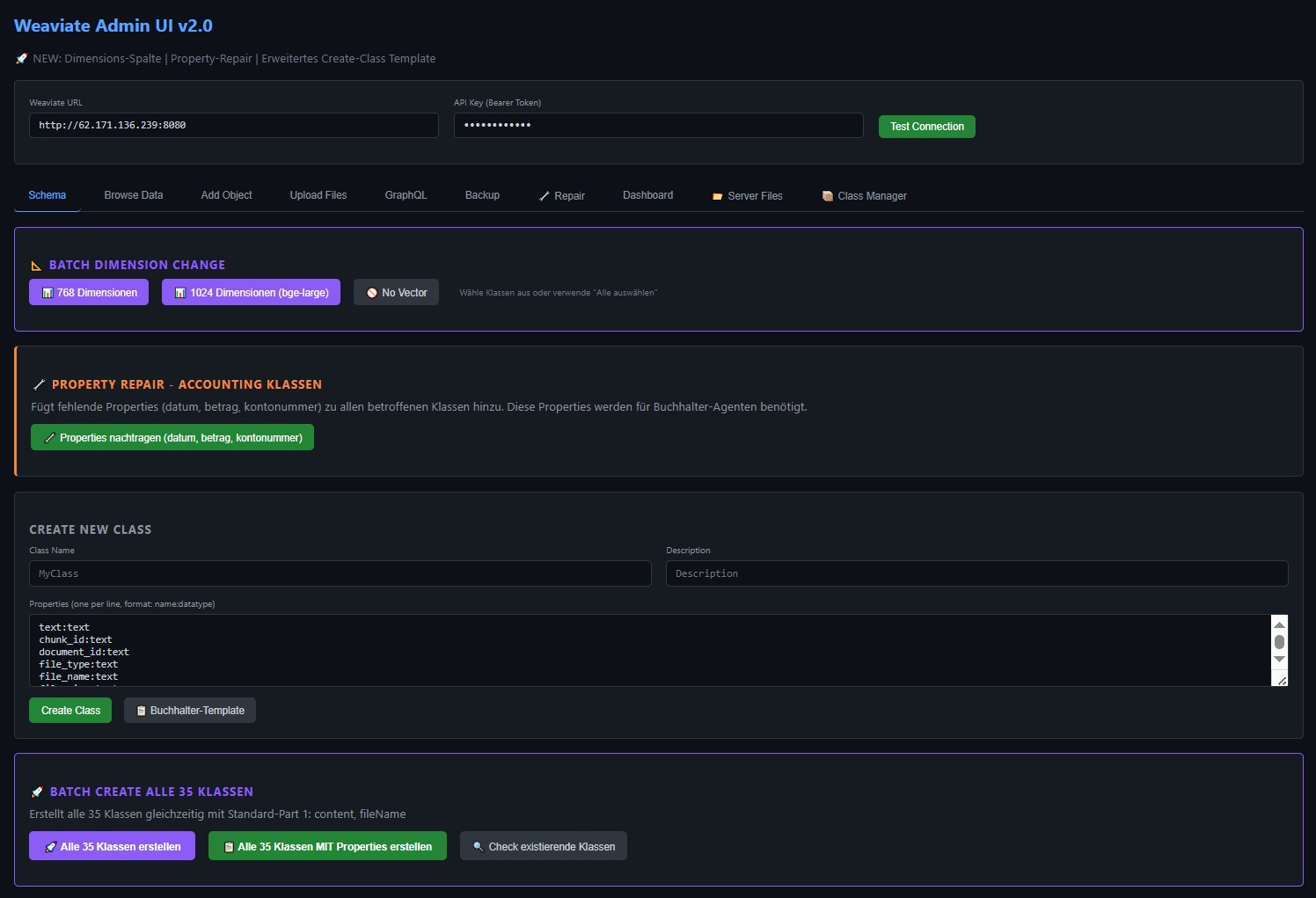 Weaviate Web-UI Dashboard mit 70 Klassen